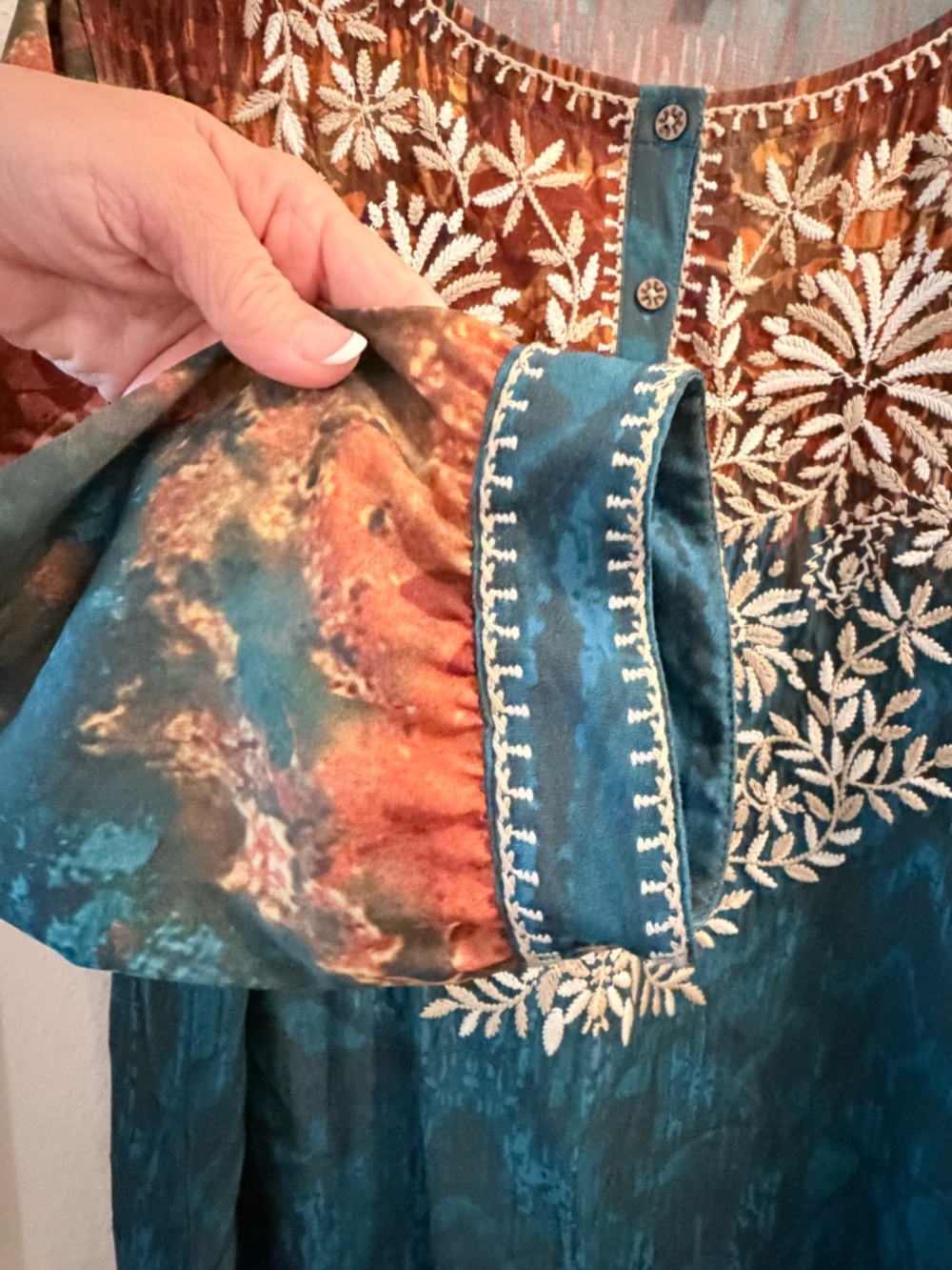 John Mark Embroidered Teal & Rust Floral Blouse XL - Picture 6 of 9